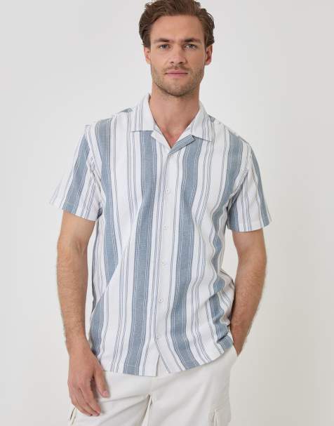 Threadbare Stripe knitted short sleeve shirt in blue