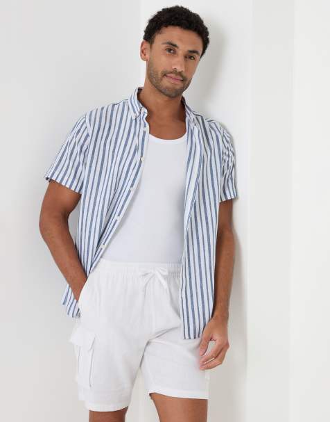 Threadbare Stripe linen cotton blend short sleeve shirt in blue - view 1