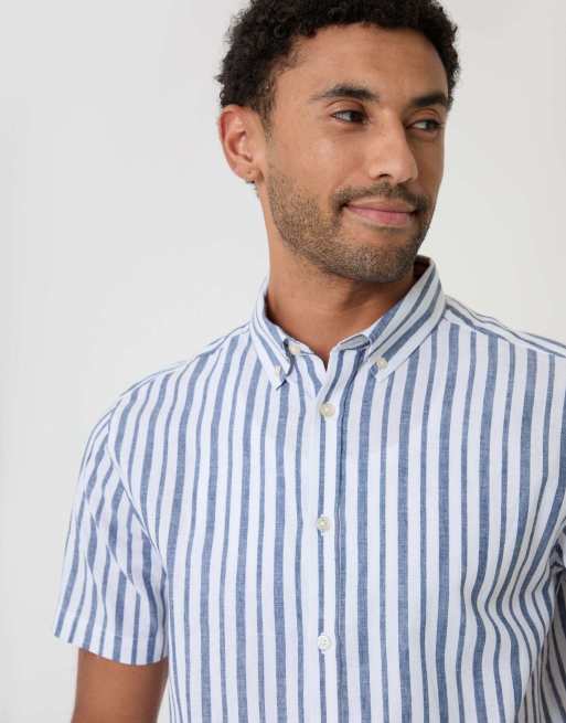 Threadbare Stripe linen cotton blend short sleeve shirt in blue, 3 of 4