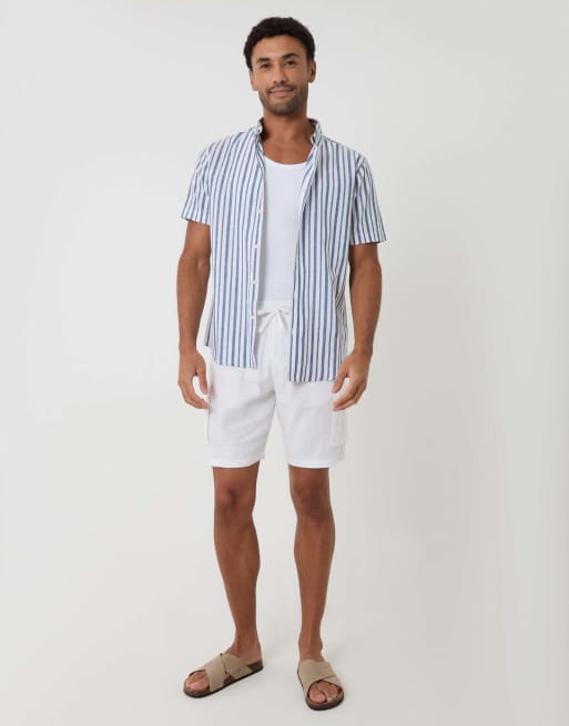 Threadbare Stripe linen cotton blend short sleeve shirt in blue, 4 of 4