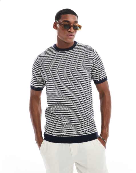 Threadbare Stripe textured knitted t-shirt in navy - view 1