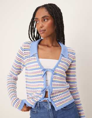 Threadbare Stripe tie front crochet knit cardigan in blue - view 1