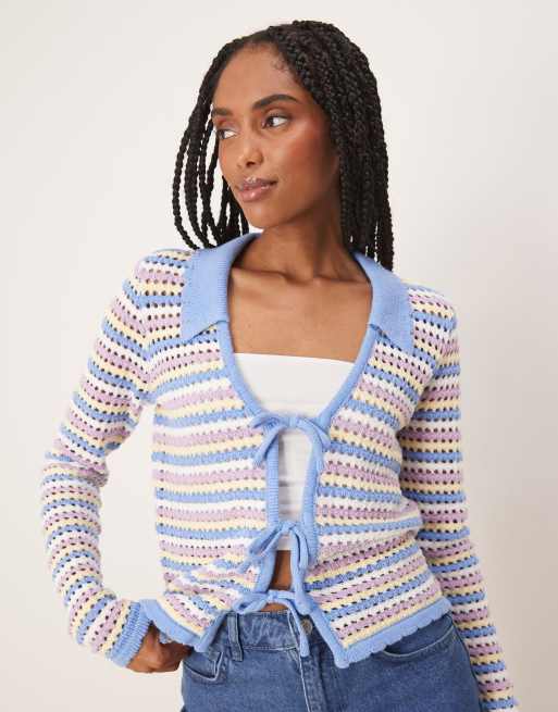 Threadbare Stripe tie front crochet knit cardigan in blue