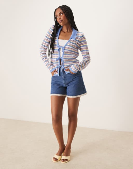 Threadbare Stripe tie front crochet knit cardigan in blue | ASOS