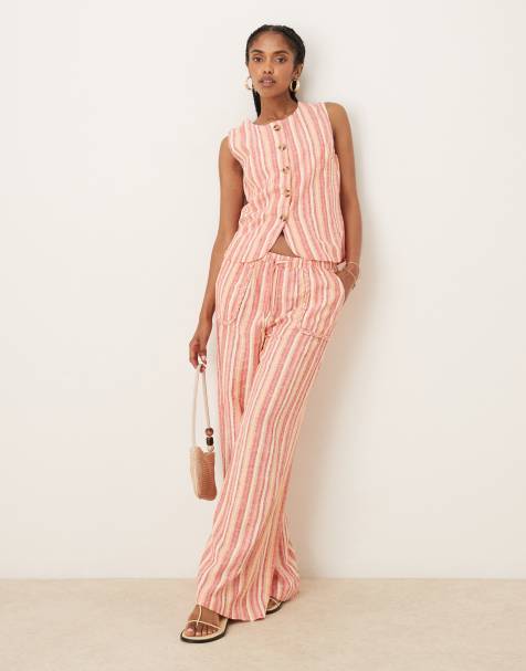 Threadbare Striped braided pocket detail linen blend wide leg trousers in orange - view 1