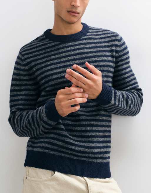 Threadbare striped knitted crew neck jumper in charcoal, 4 of 9