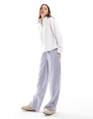 Threadbare Striped Trouser Lounge Set With Borg Quarter Zip In White-Neutral