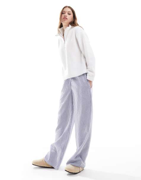 Threadbare striped trouser lounge set with borg quarter zip in white - view 1