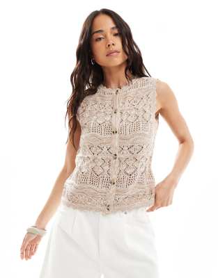 Threadbare - Strukturierte Strickweste in Steinbeige mit Knopfleiste-Neutral
