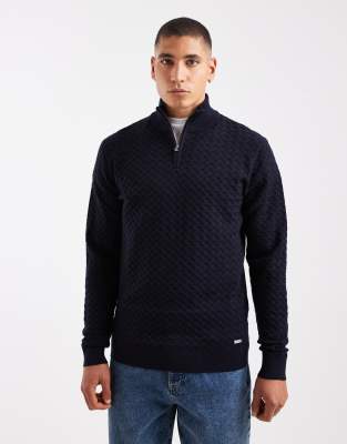 Strukturierter Strickpullover in Marineblau mit kurzem Reißverschluss Marineblau 2XL