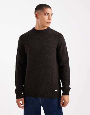 Strukturierter Strickpullover mit Rundhalsausschnitt aus gedrehtem Garn in Schwarz-Braun Schwarz M
