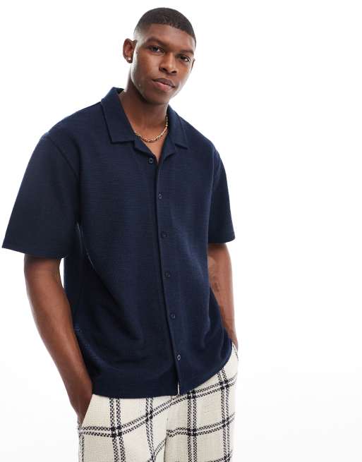 Threadbare – Strukturiertes Hemd in Marineblau mit Reverskragen