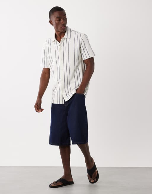 Threadbare – Strukturiertes, schweres, kurzärmliges Hemd mit Streifen in Blau und Ecru, 2 von 5