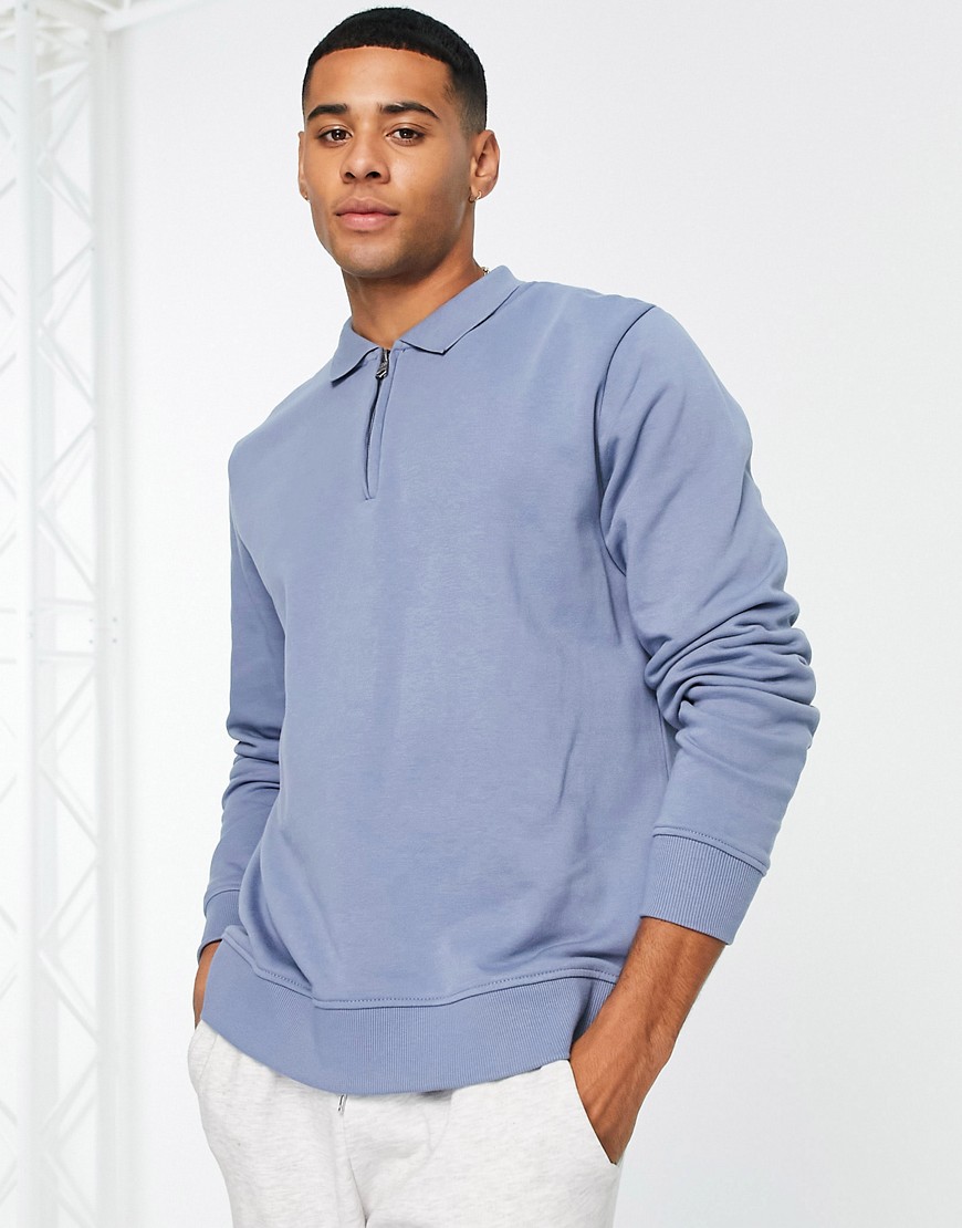 Threadbare - Støvet Blå Sweatshirt Med Polokrave Og Lynlås