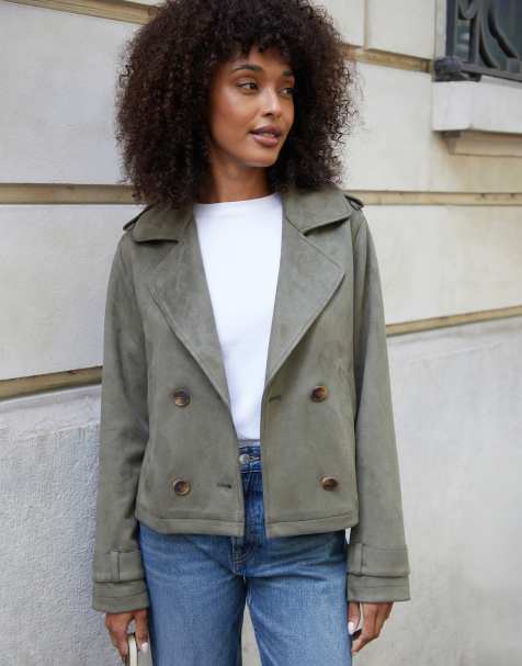 Threadbare Suedette cropped trench coat in olive - view 1