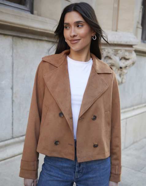 Threadbare Suedette cropped trench coat in tan - view 1