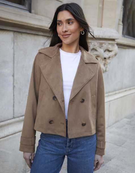 Threadbare Suedette cropped trench coat in taupe - view 1