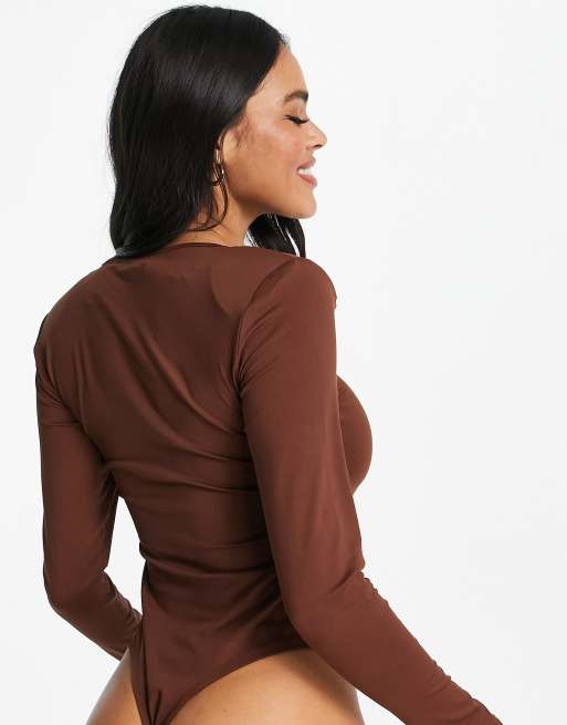 Threadbare super stretch long sleeve bodysuit with shoulder pads in chocolate brown, 2 of 4