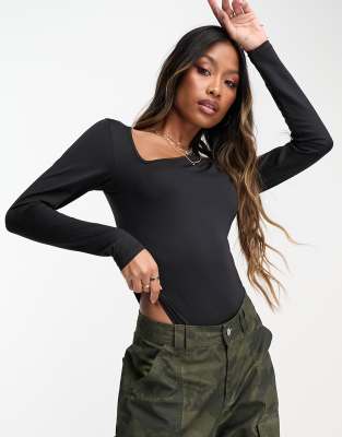 Threadbare super stretch notch neck long sleeve bodysuit in black