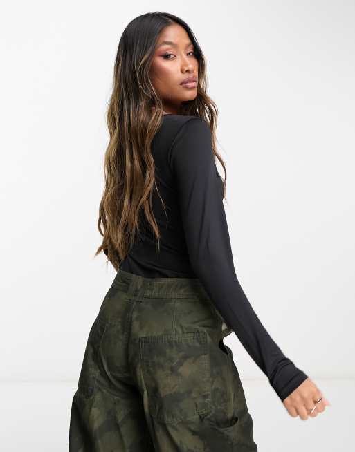 Threadbare super stretch slash neck long sleeve bodysuit in black, 3 of 4