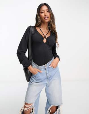 Black Lace Up Front Bodysuit