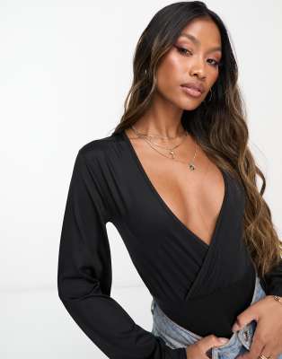 Threadbare Plus super stretch wrap front long sleeve bodysuit in black