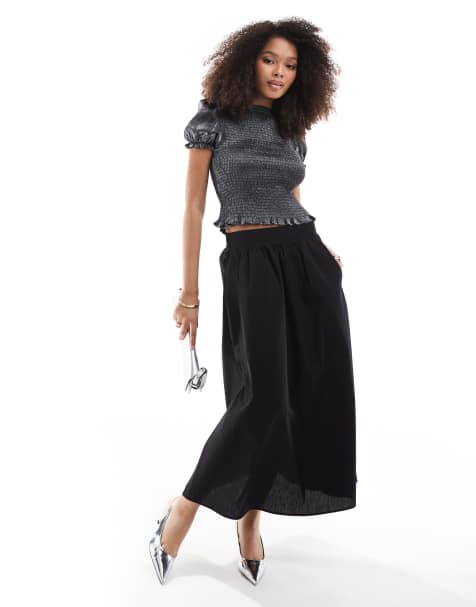 Threadbare – Svart midikjol i poplin - view 1