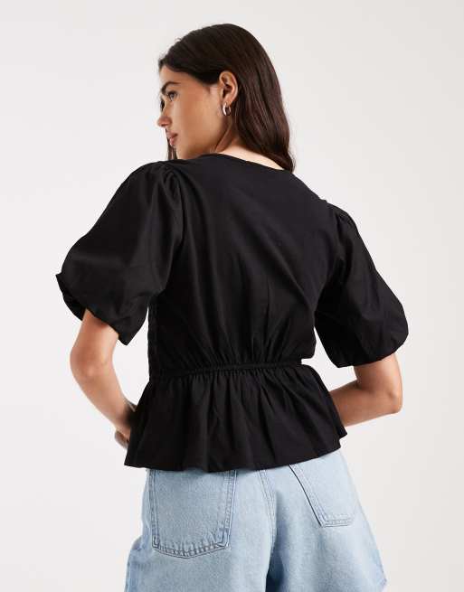 Threadbare – Svart peplum-topp med puffärmar och smock i jersey, 3 av 4