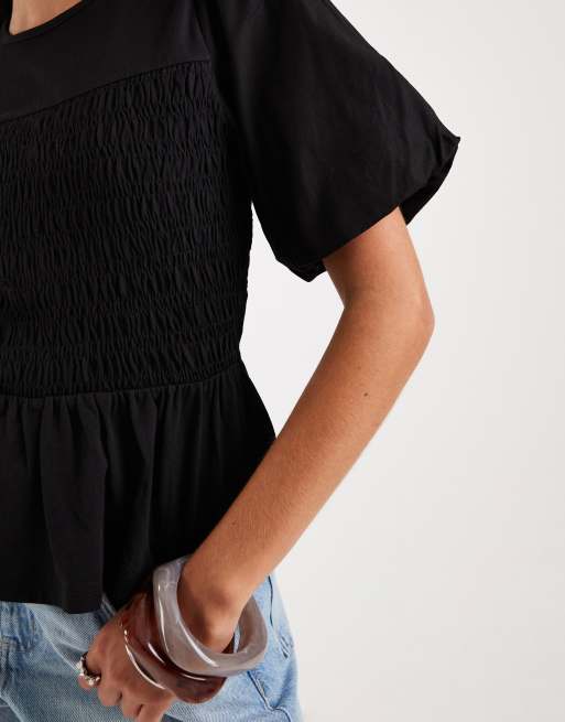 Threadbare – Svart peplum-topp med puffärmar och smock i jersey, 4 av 4