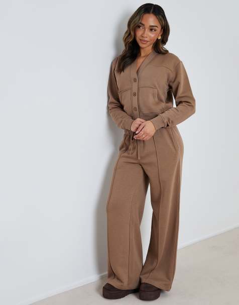 Threadbare Sweat bomber cardigan & jogger co-ord (2-piece set) in taupe - view 1