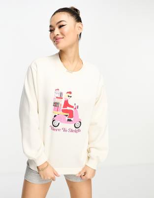 Threadbare - Sweatshirt in Ecru mit weihnachtlichem Print-Neutral