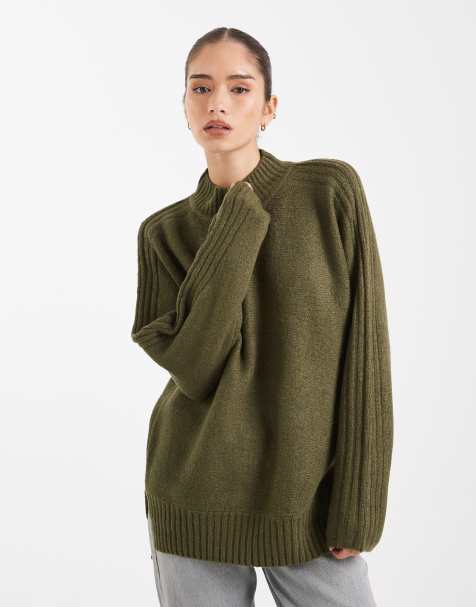 Threadbare high neck oversized jumper in khaki