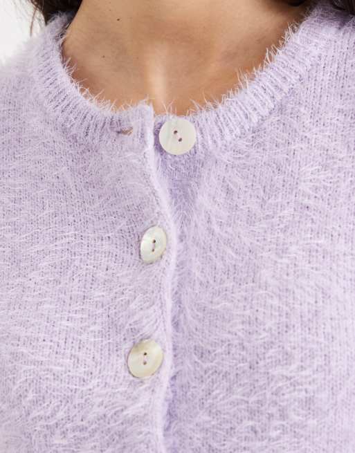 Threadbare - Syrenfarvet kortærmet cardigan i loddent garn med rund hals, 3 af 4