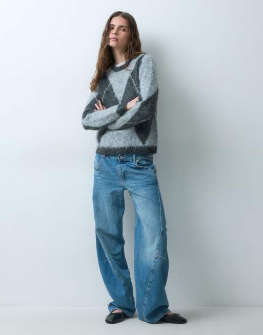 Threadbare szczotkowany sweter dzianinowy z okrągłym dekoltem i wzorem argyle w kolorze antracytowym, 3 z 5