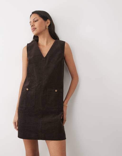 Threadbare sztruksowa sukienka mini na szelkach w kolorze brązowym, 2 z 4