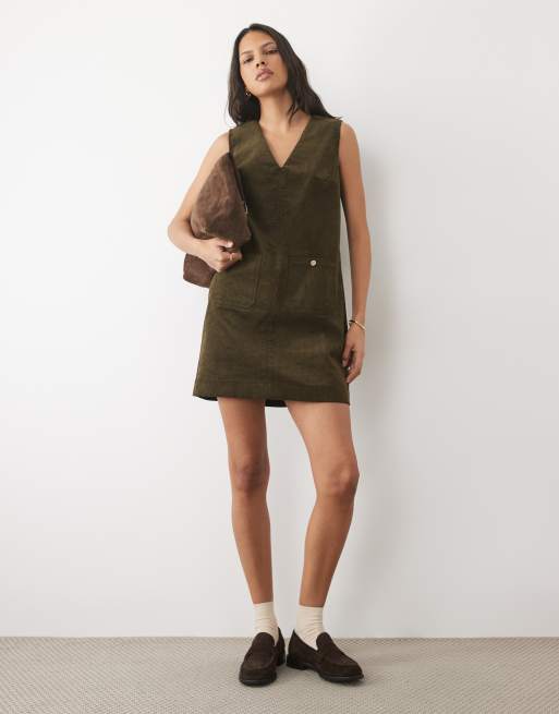 Threadbare sztruksowa sukienka na szelkach mini w kolorze khaki, 2 z 4