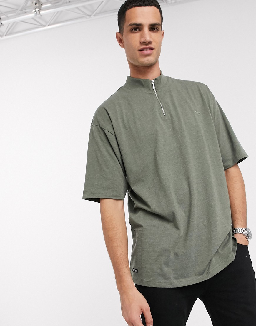 Threadbare - T-shirt accollata kaki mélange con zip corta-Verde