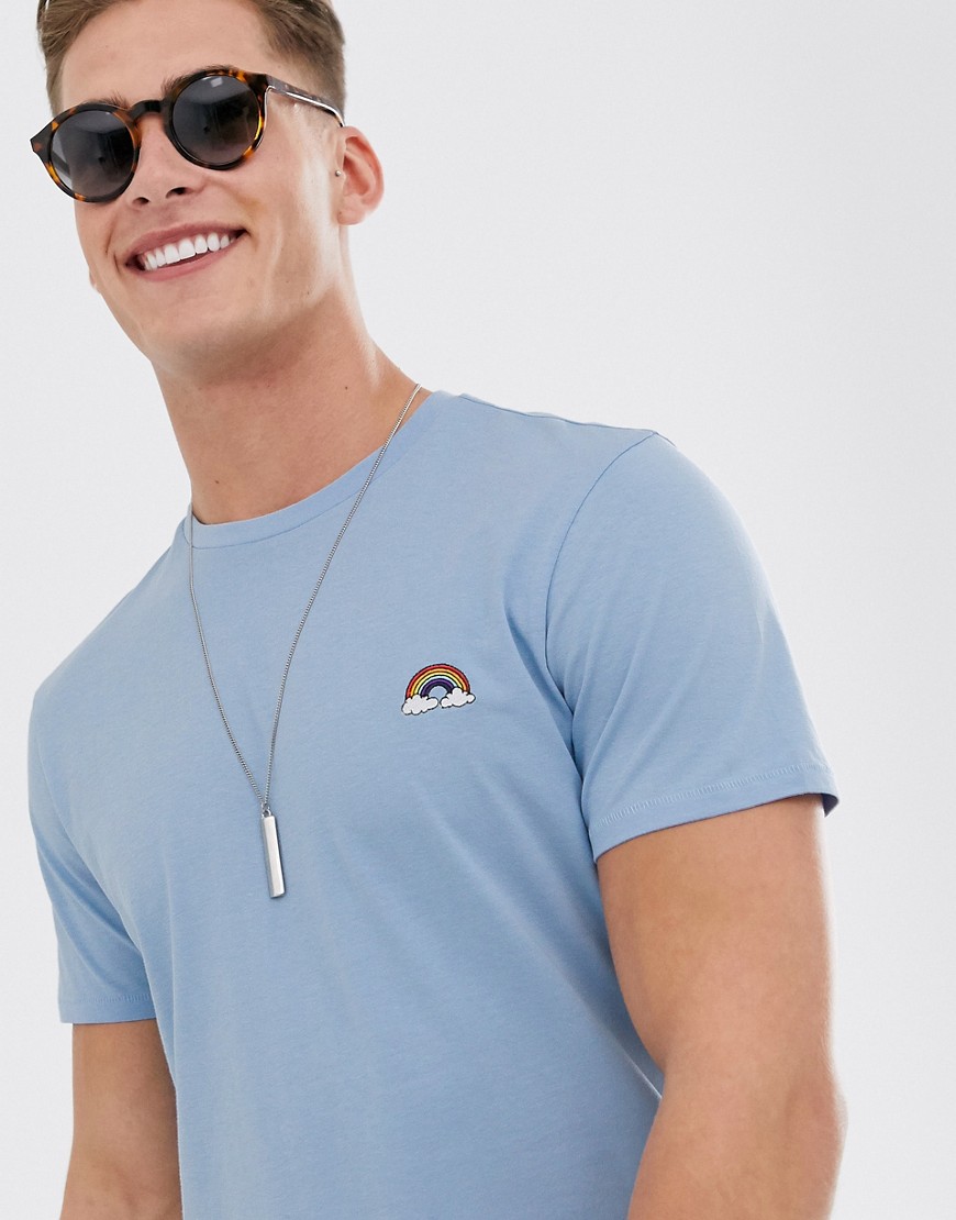 Threadbare - T-shirt blu con arcobaleno ricamato