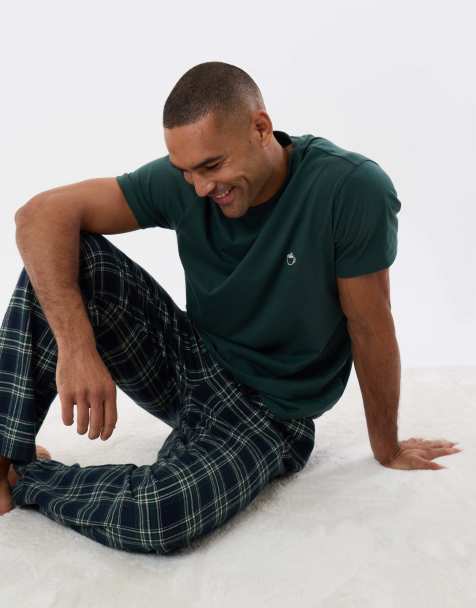 Threadbare T-shirt & cotton flannel trousers pyjama set in teal green - view 1