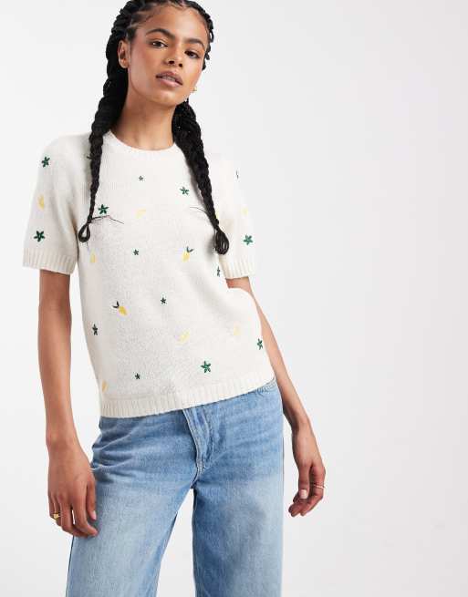Threadbare - T-shirt en maille à citrons brodés - Écru, 2 de 4