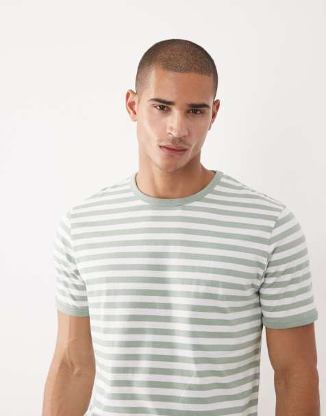 Threadbare - T-shirt girocollo color salvia e bianco a righe con profili a contrasto - view 1