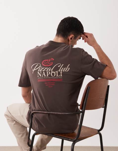 Threadbare - T-shirt girocollo marrone cioccolato con stampa grafica di pizza sul retro - view 1