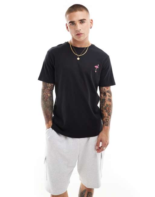 Threadbare - T-shirt nera con fenicottero ricamato