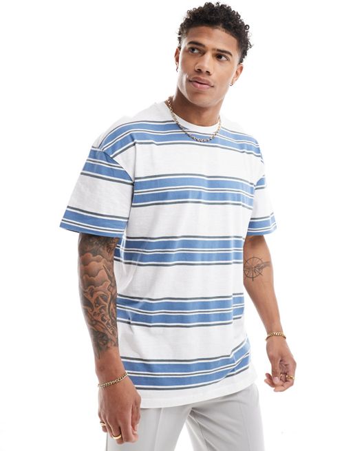 Threadbare - T-shirt oversize à rayures - Blanc et bleu