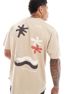 Threadbare - T-shirt oversize color pietra con stampa sul retro