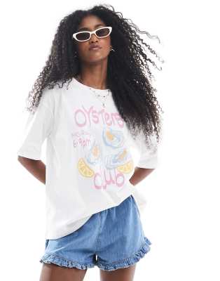 Threadbare - T-shirt oversize in cotone bianca con stampa di ostriche - view 1