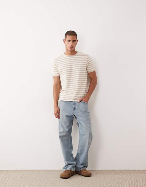 Threadbare - T-shirt ras de cou à rayures et bordures contrastantes - Taupe et blanc, 3 de 5