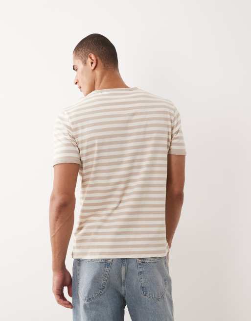 Threadbare - T-shirt ras de cou à rayures et bordures contrastantes - Taupe et blanc, 4 de 5
