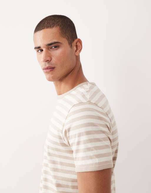 Threadbare - T-shirt ras de cou à rayures et bordures contrastantes - Taupe et blanc, 5 de 5