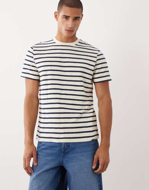 Threadbare – T-shirt z kontrastową lamówką i wzorem w paski w kolorze ecru i granatowym, 3 z 5